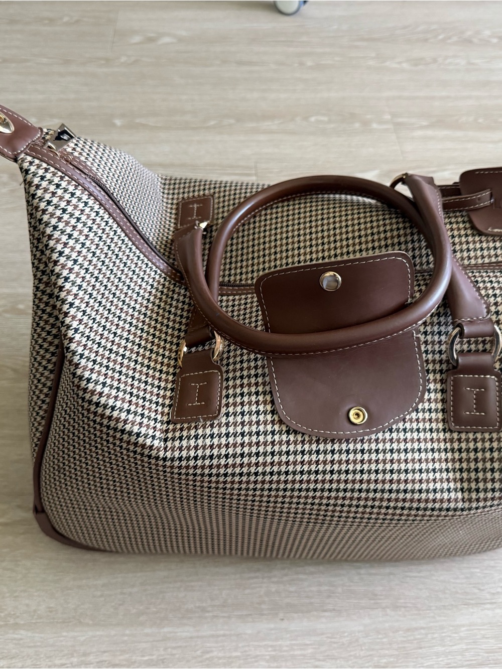 London Fog Brown Houndstooth Tote with Brown Leather Trim